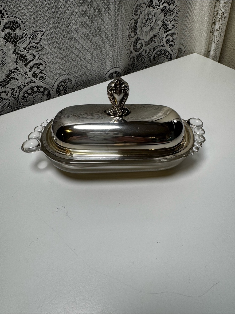 Vintage 1847 Rogers Bros IS Silverplate Covered Butter Dish, Beaded Glass Base